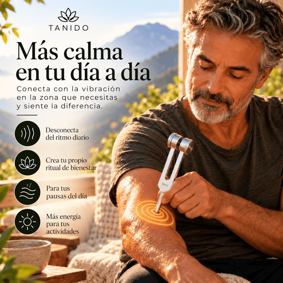 Tanido — Diapasón 128 Hz para tu ritual de calma diaria